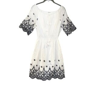 KINDRED Anthropologie LINED EYELETS Floral Embroidered BLOUSON BOHO DRESS White